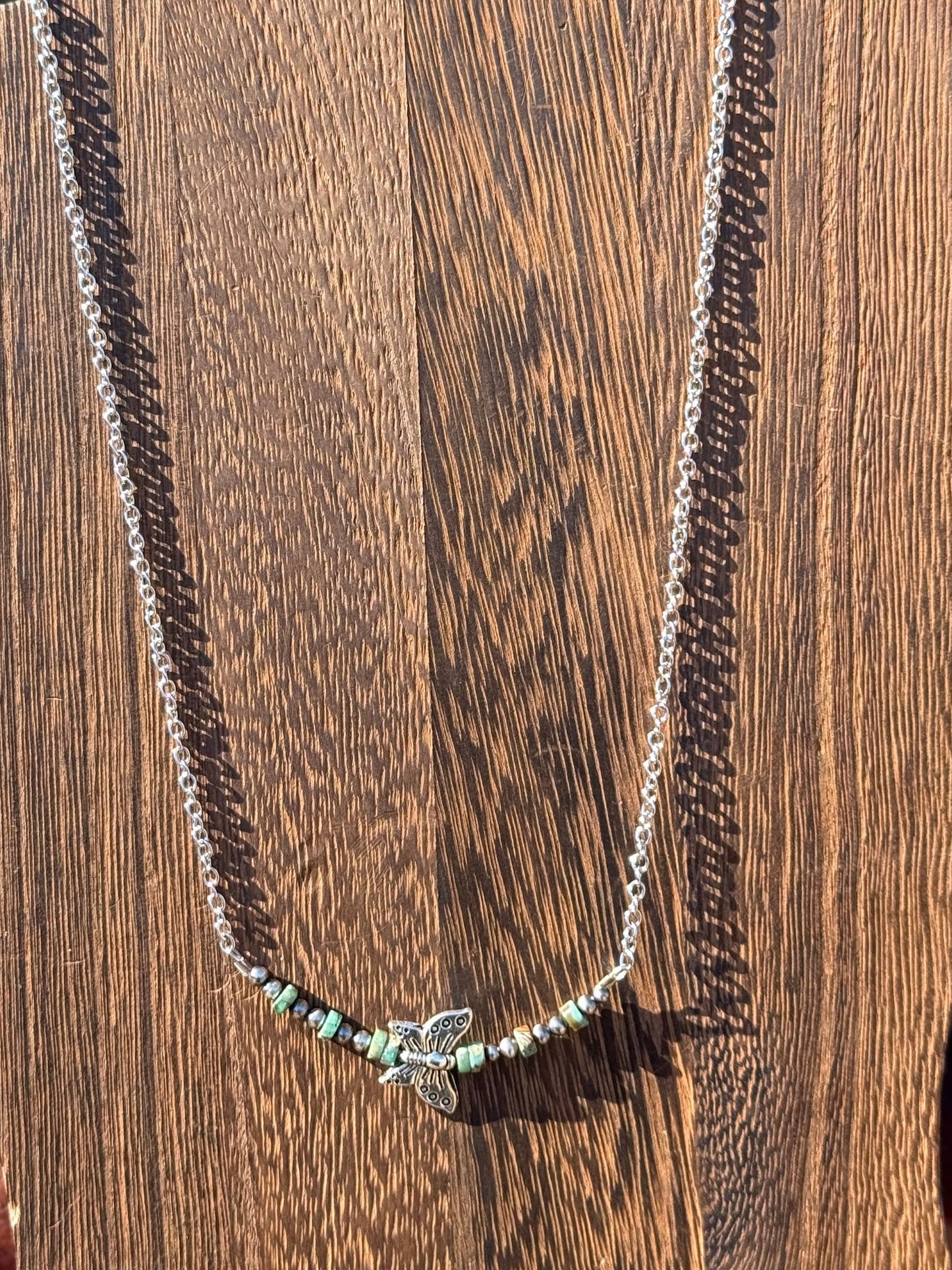 18” 3mm Sterling Silver Pearls with Jasper and a Pewter Butterfly