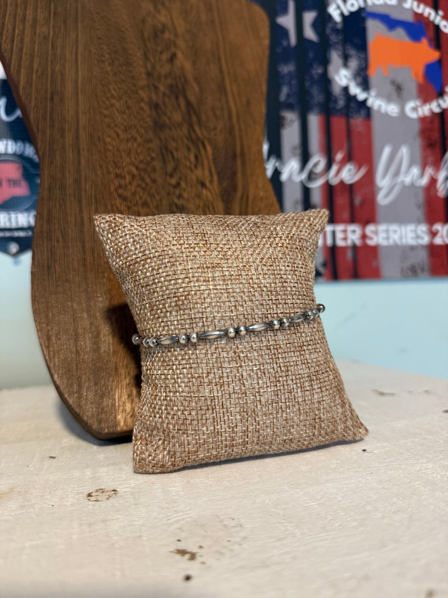 Sterling Silver Torpedo and 4MM Pearl Stretchy Bracelet