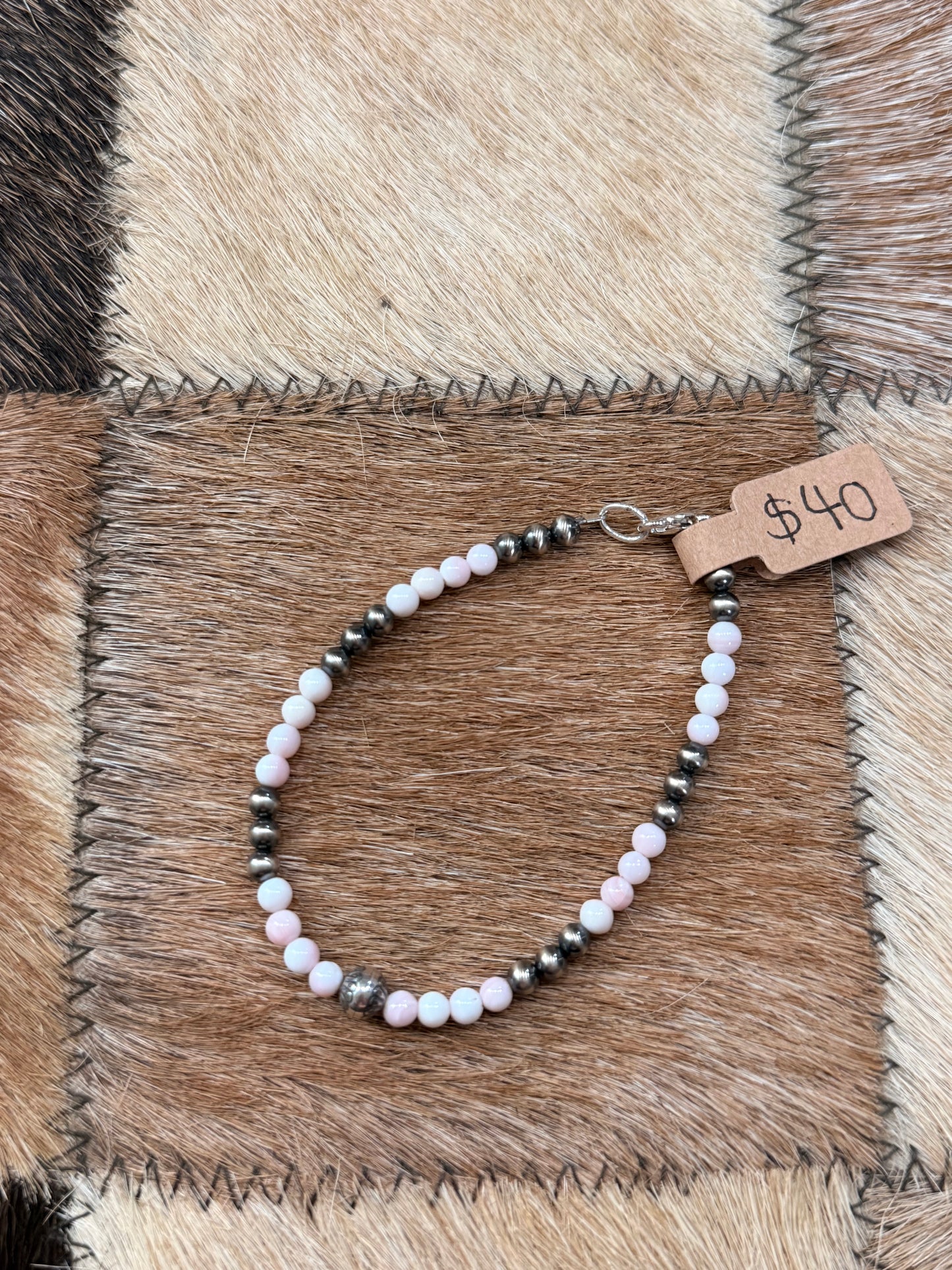 7” 4mm Sterling Silver Pearls with Pink Conch Beads and 6mm Sterling Silver Stamped Bead