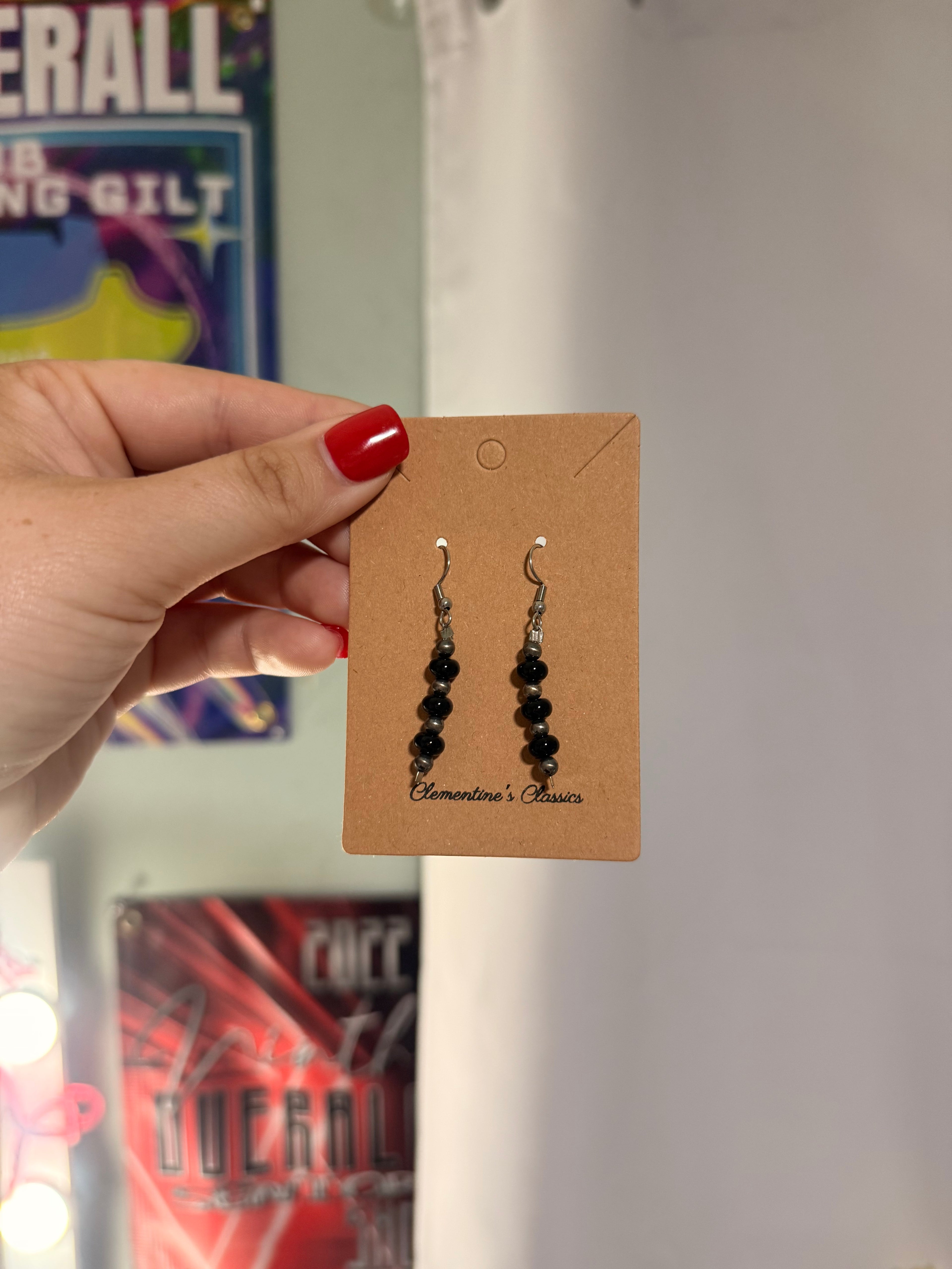 Black onyx and Sterling Pearl Dangling Earrings