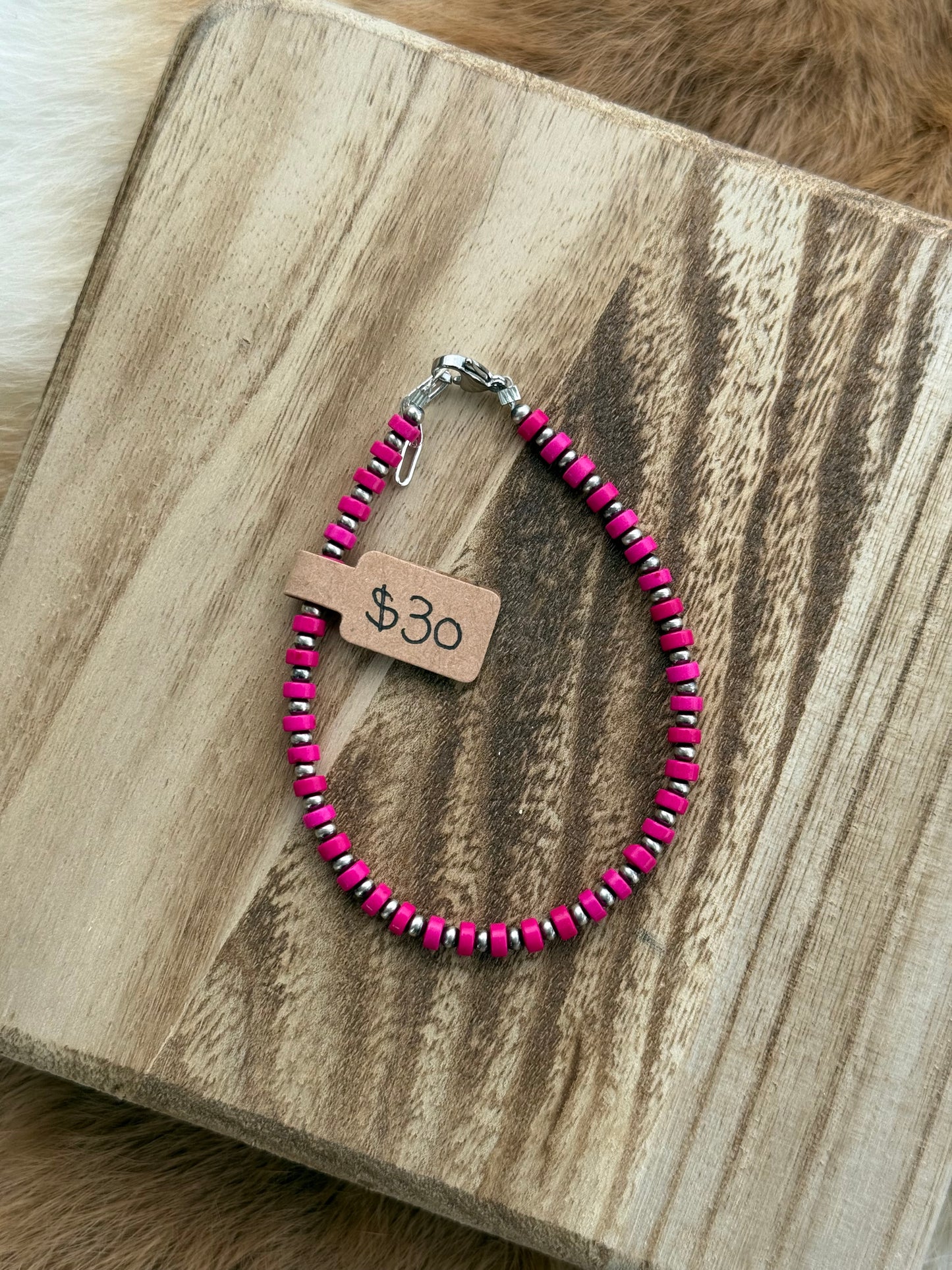 3mm sterling silver pearls and hot pink beads (clasp)