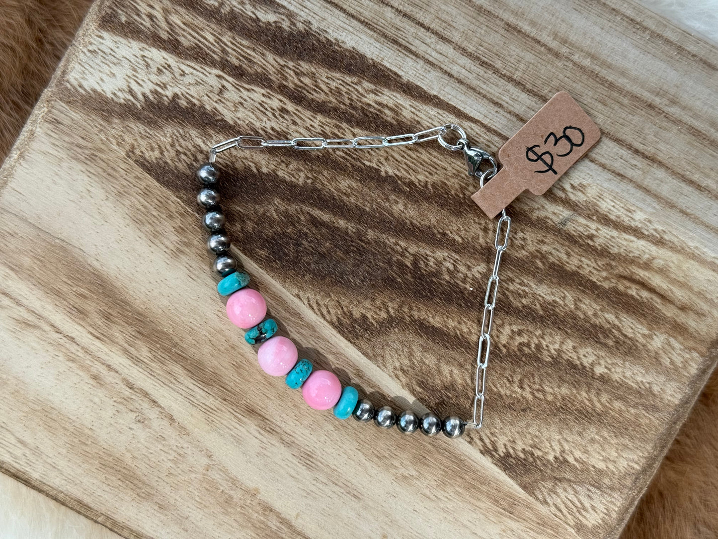 Stainless Paper clip chain with 4mm sterling silver pearls pink conch and turquoise