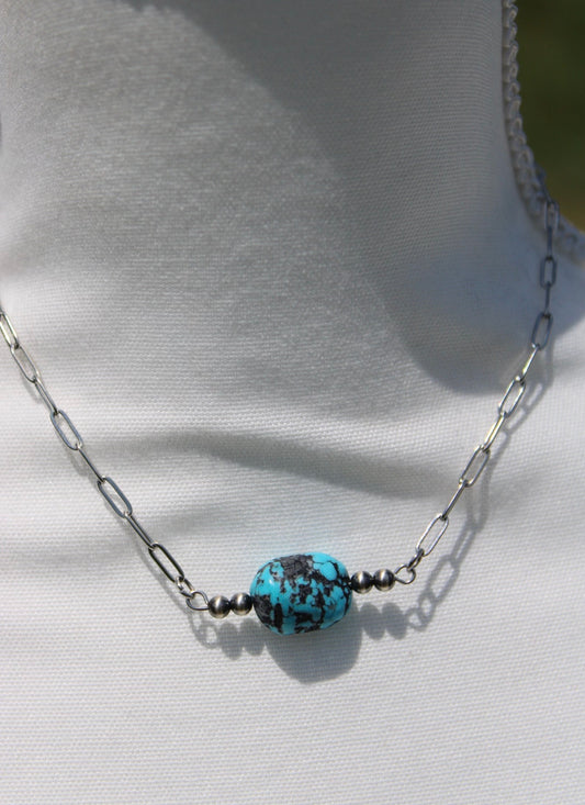 14” (with extender) sterling silver paper clip chain with 4mm sterling silver pearls and genuine turquoise