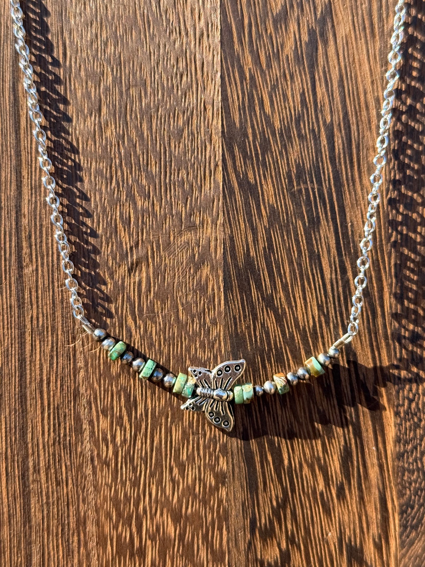 18” 3mm Sterling Silver Pearls with Jasper and a Pewter Butterfly