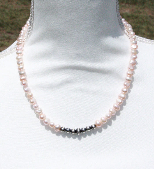 19” (with extender) fresh water pearl with 6mm sterling silver pearls and corrugated saucer