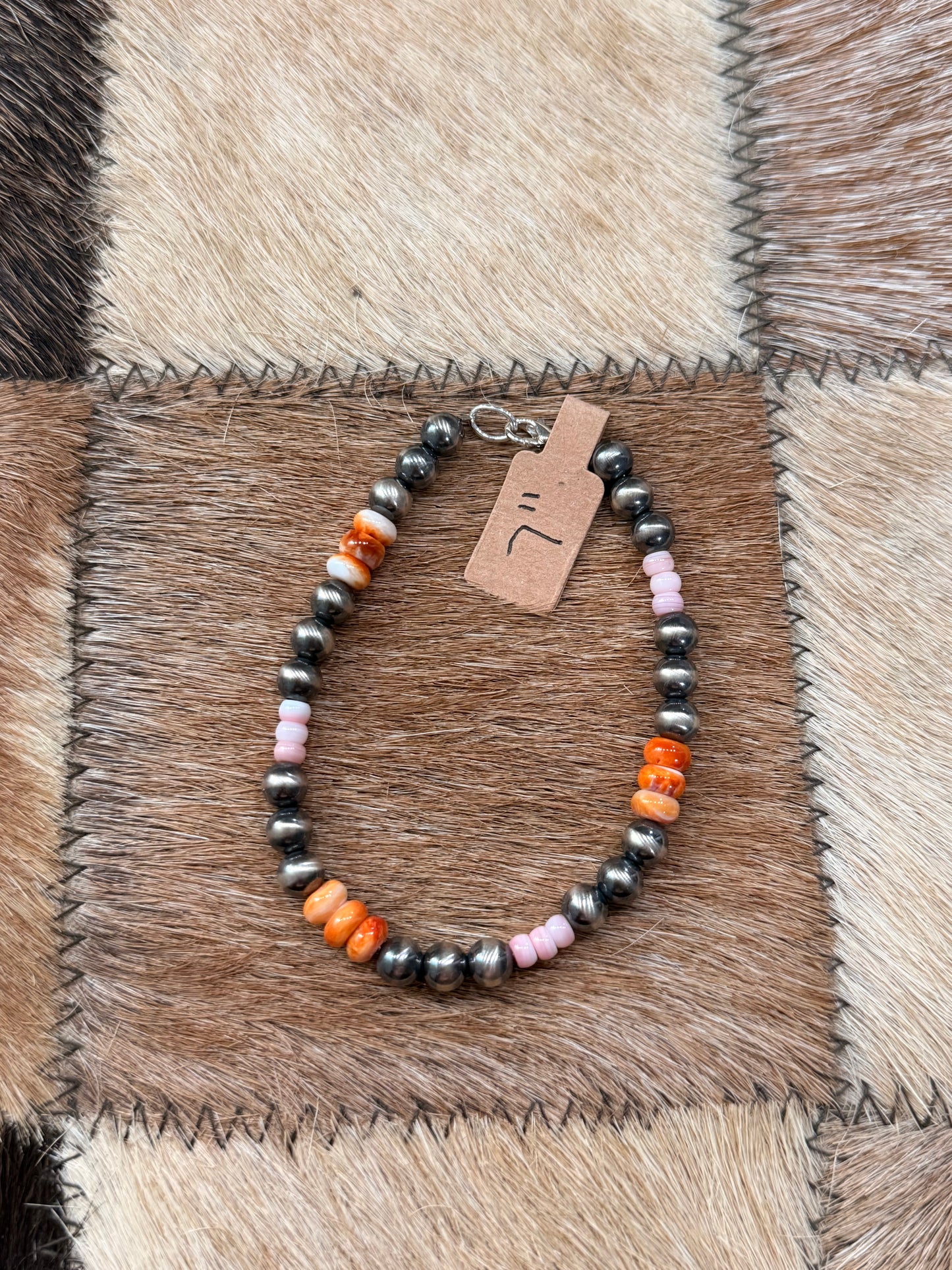 7” 6mm Sterling Silver Pearls with Pink Conch and Orange Spiny Beads