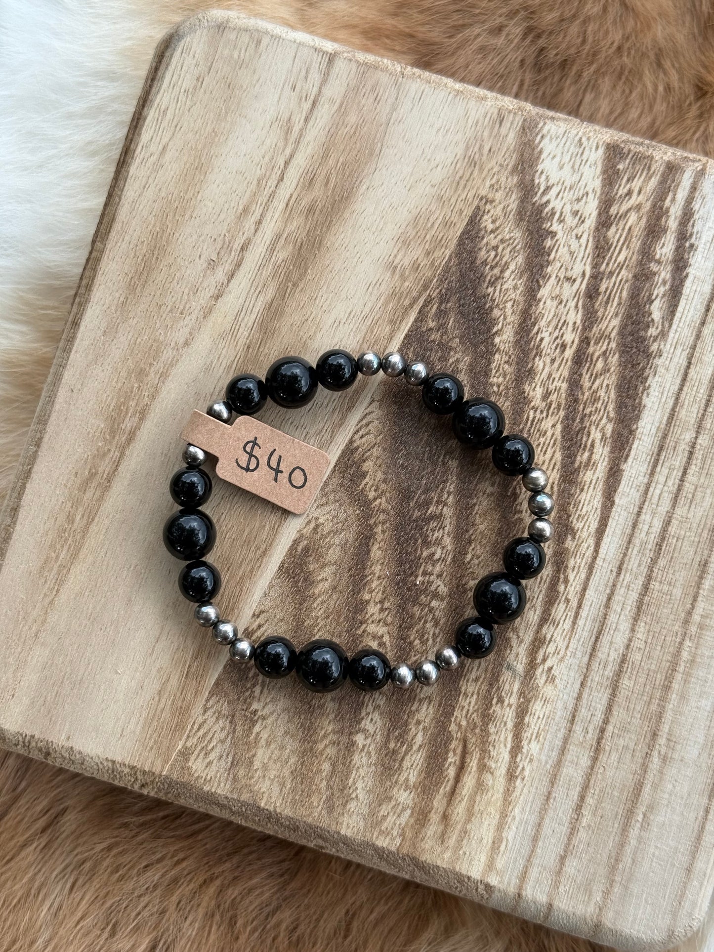 Chunky black onyx and 4mm sterling silver pearls (stretchy)