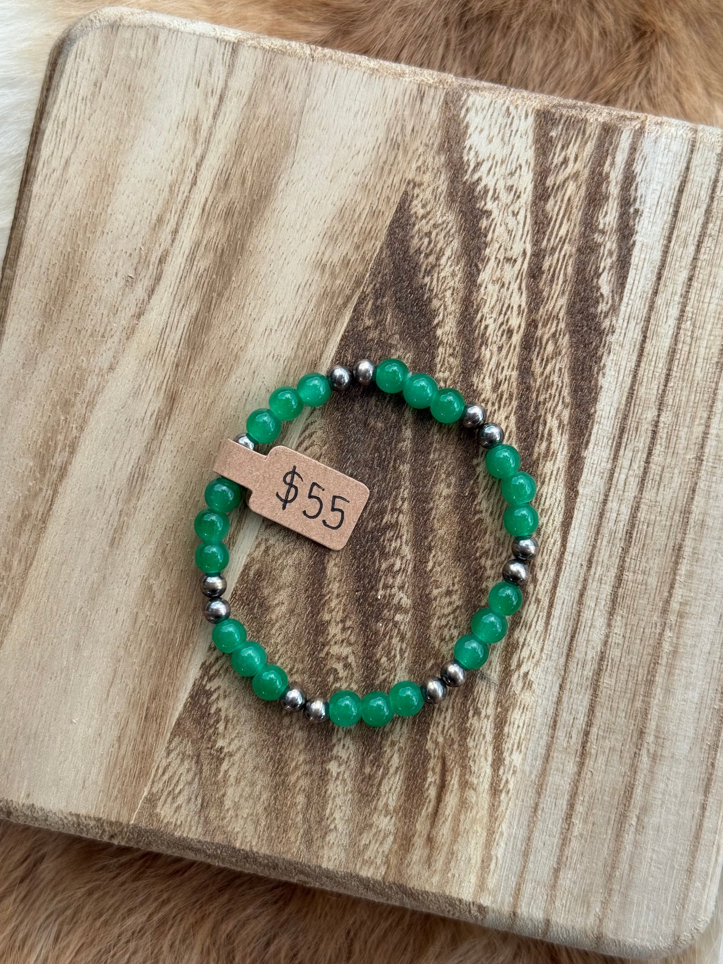 5mm sterling silver pearls and green glass beads (stretchy)