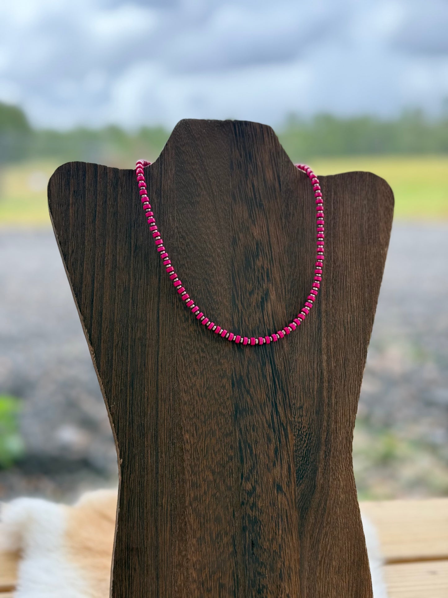 Hot pink and Sterling Silver Pearl Necklace